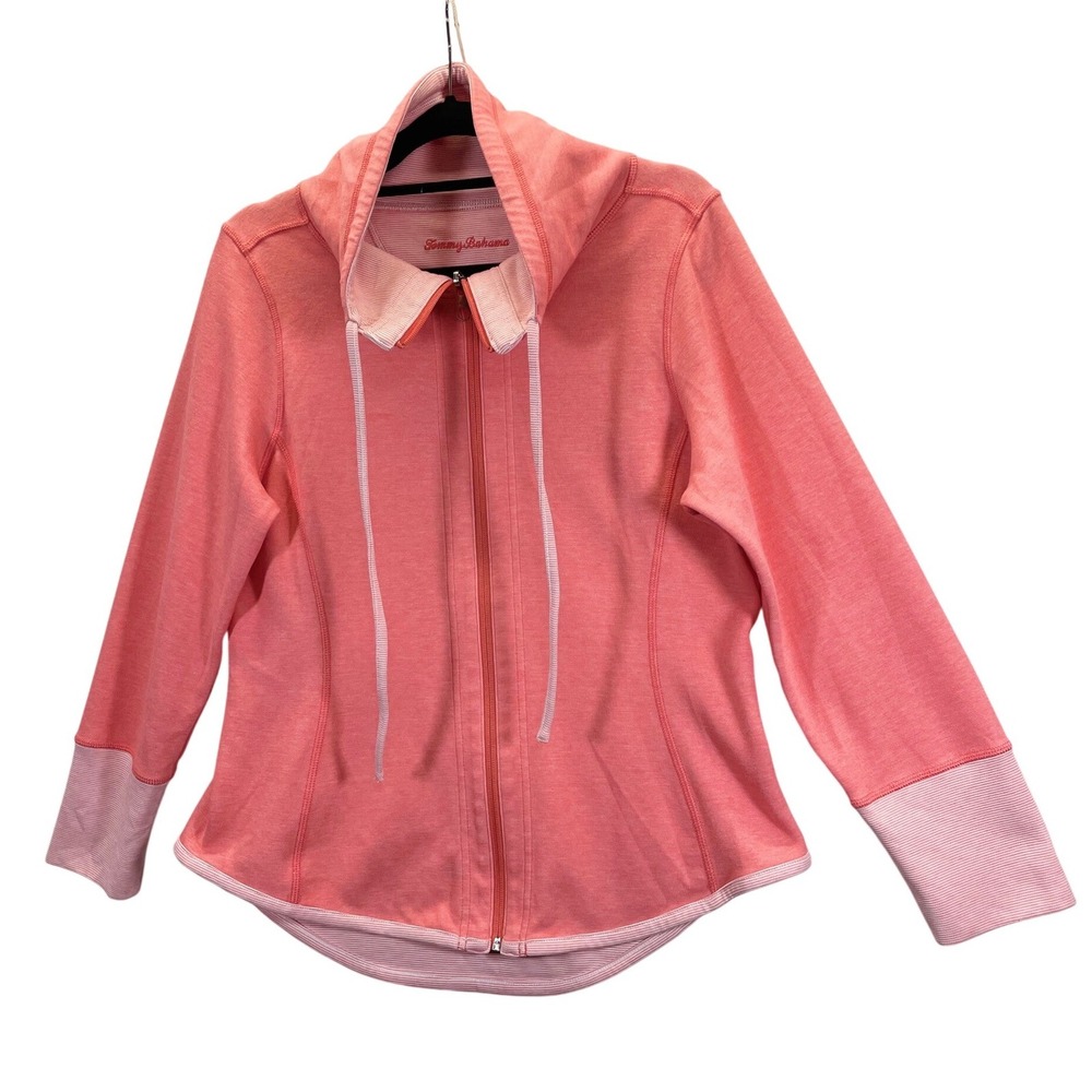 Tommy Bahama Coral Pink Striped Zip Up Reversible Hoodie Jacket Women Size M‎